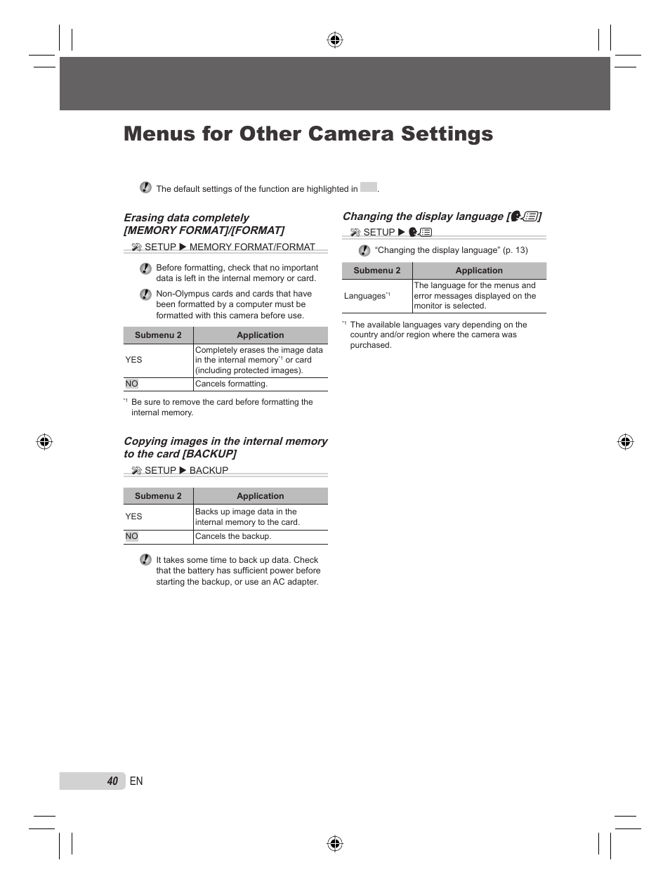 Menus for other camera settings, 40 en, Changing the display language [ w | Olympus STYLUS TOUGH-6000 User Manual | Page 40 / 86