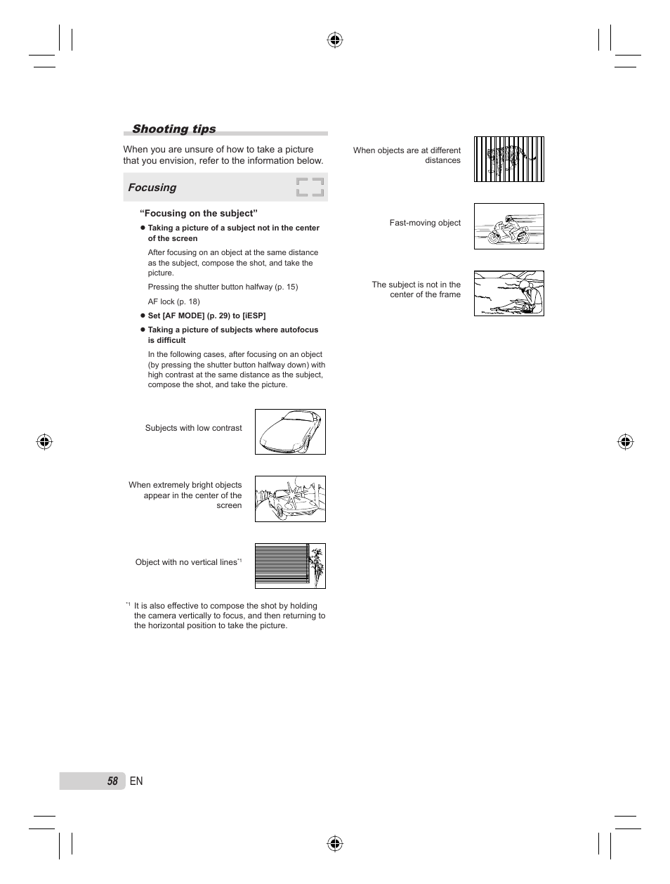 Shooting tips, 58 en, Focusing | Olympus STYLUS TOUGH-6000 User Manual | Page 58 / 86
