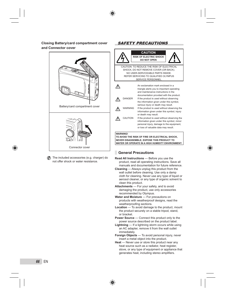 Safety precautions, 66 en, General precautions | Olympus STYLUS TOUGH-6000 User Manual | Page 66 / 86