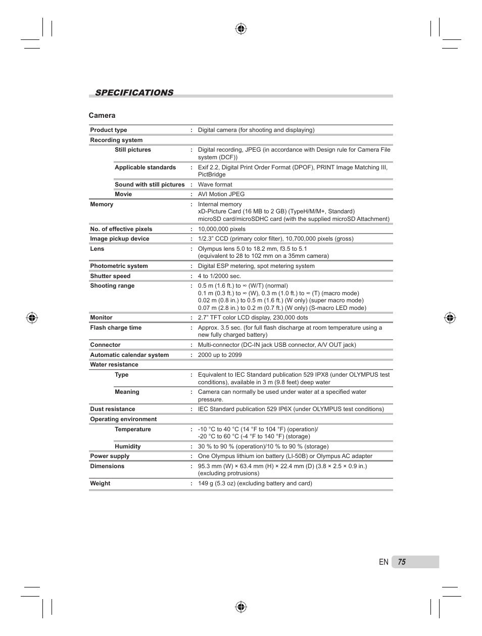 Specifications, 75 en | Olympus STYLUS TOUGH-6000 User Manual | Page 75 / 86