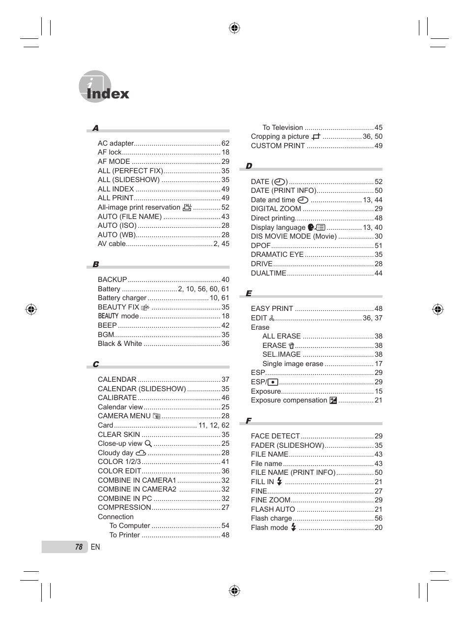 Index | Olympus STYLUS TOUGH-6000 User Manual | Page 78 / 86