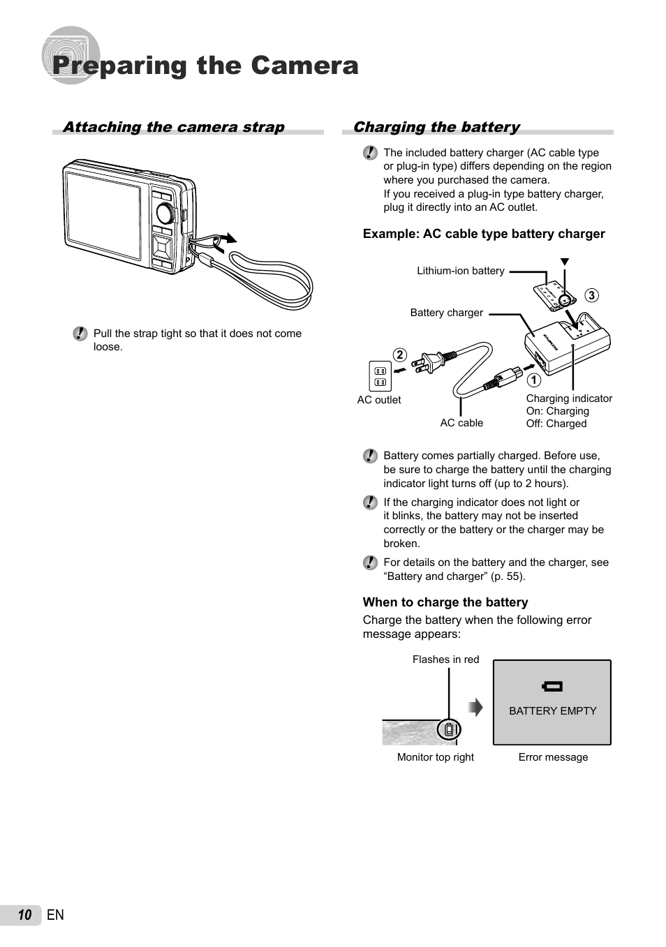 Preparing the camera, 10 en, Charging the battery | Attaching the camera strap | Olympus STYLUS 7010 User Manual | Page 10 / 72