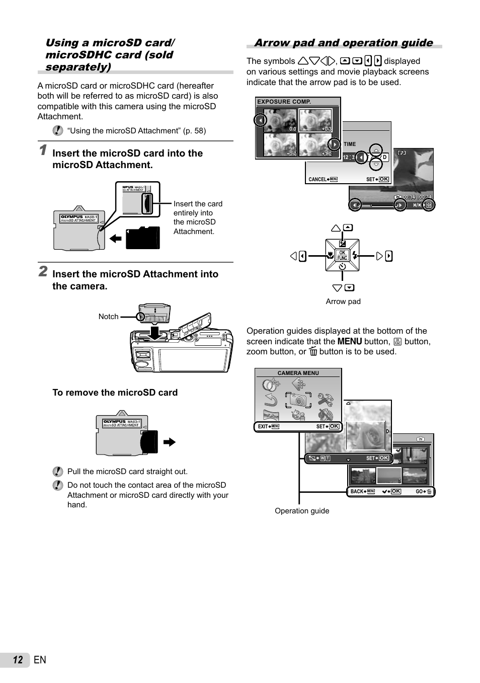 12 en arrow pad and operation guide, Insert the microsd attachment into the camera | Olympus STYLUS 7010 User Manual | Page 12 / 72