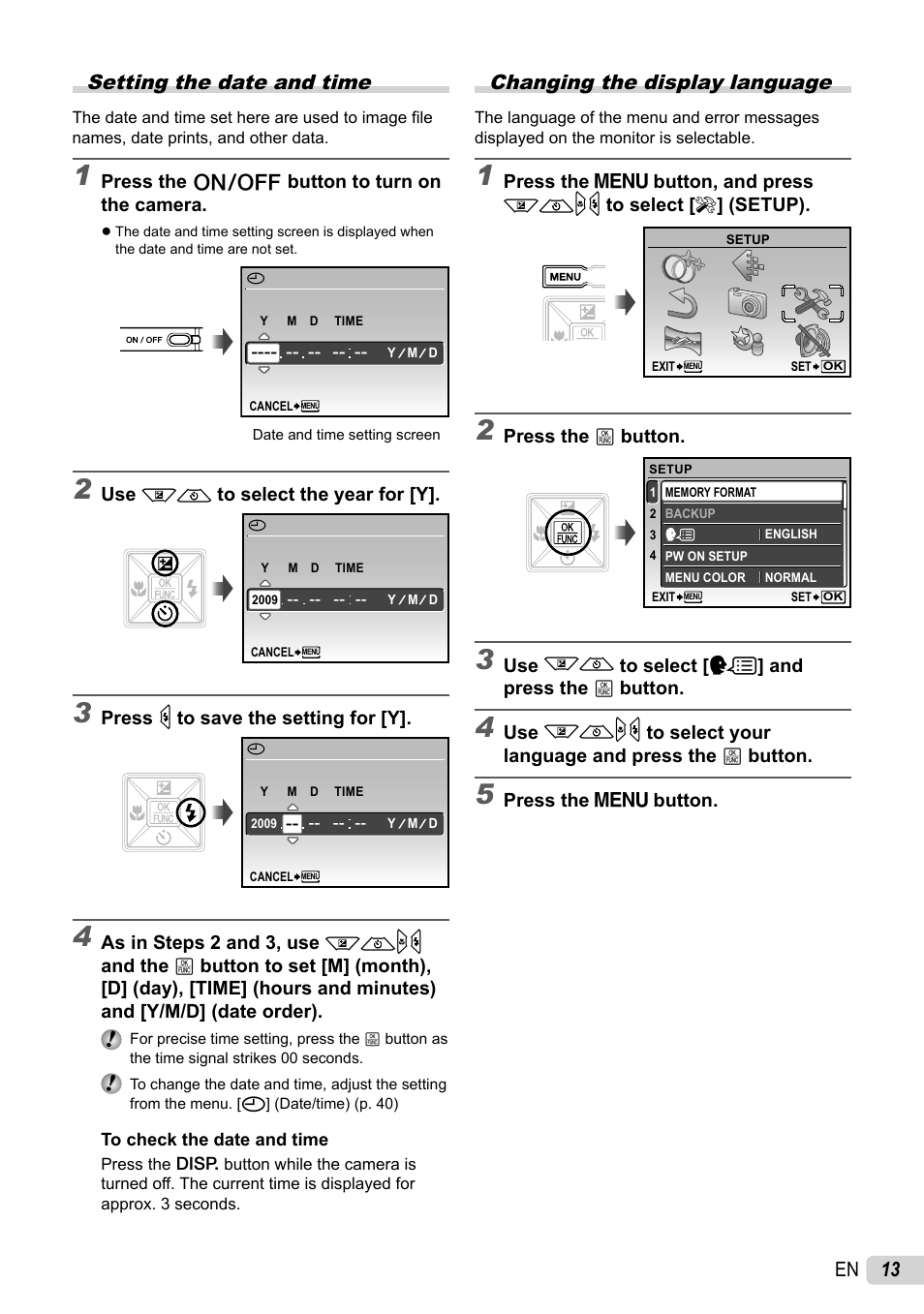 13 en changing the display language, Setting the date and time | Olympus STYLUS 7010 User Manual | Page 13 / 72