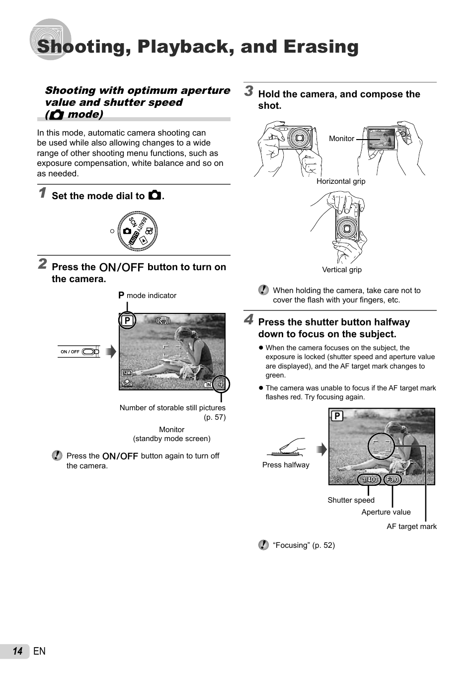 Shooting, playback, and erasing, 14 en, Hold the camera, and compose the shot | Set the mode dial to k, Press the k button to turn on the camera | Olympus STYLUS 7010 User Manual | Page 14 / 72