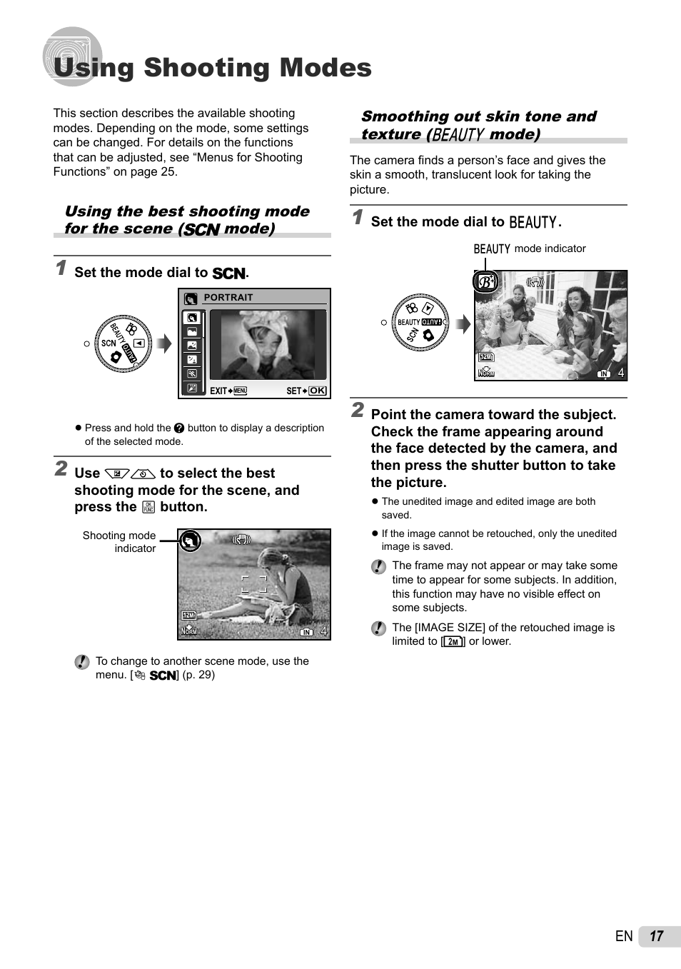 Using shooting modes, 17 en smoothing out skin tone and texture (i mode) | Olympus STYLUS 7010 User Manual | Page 17 / 72