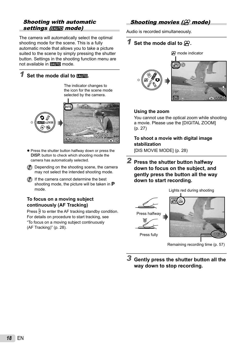 18 en shooting with automatic settings (h mode), Shooting movies (n mode) | Olympus STYLUS 7010 User Manual | Page 18 / 72