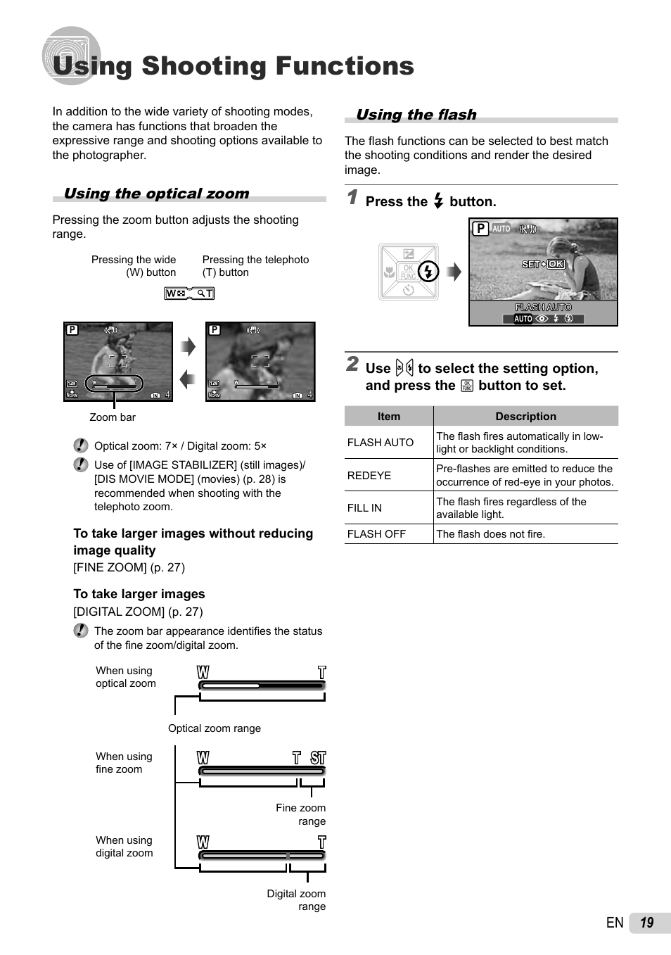 Using shooting functions, 19 en using the fl ash, Using the optical zoom | Press the # button | Olympus STYLUS 7010 User Manual | Page 19 / 72