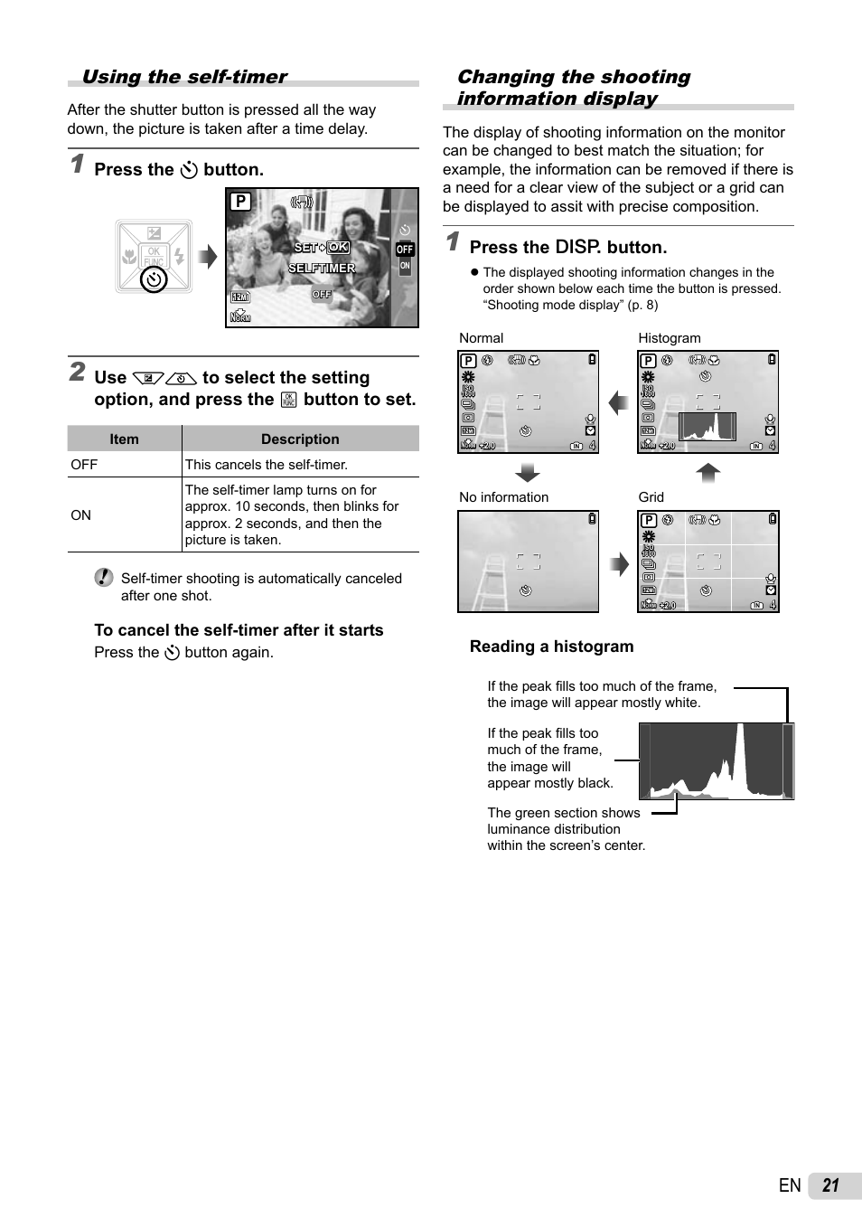 21 en using the self-timer, Changing the shooting information display, Press the y button | Press the g button, Reading a histogram, Press the y button again | Olympus STYLUS 7010 User Manual | Page 21 / 72