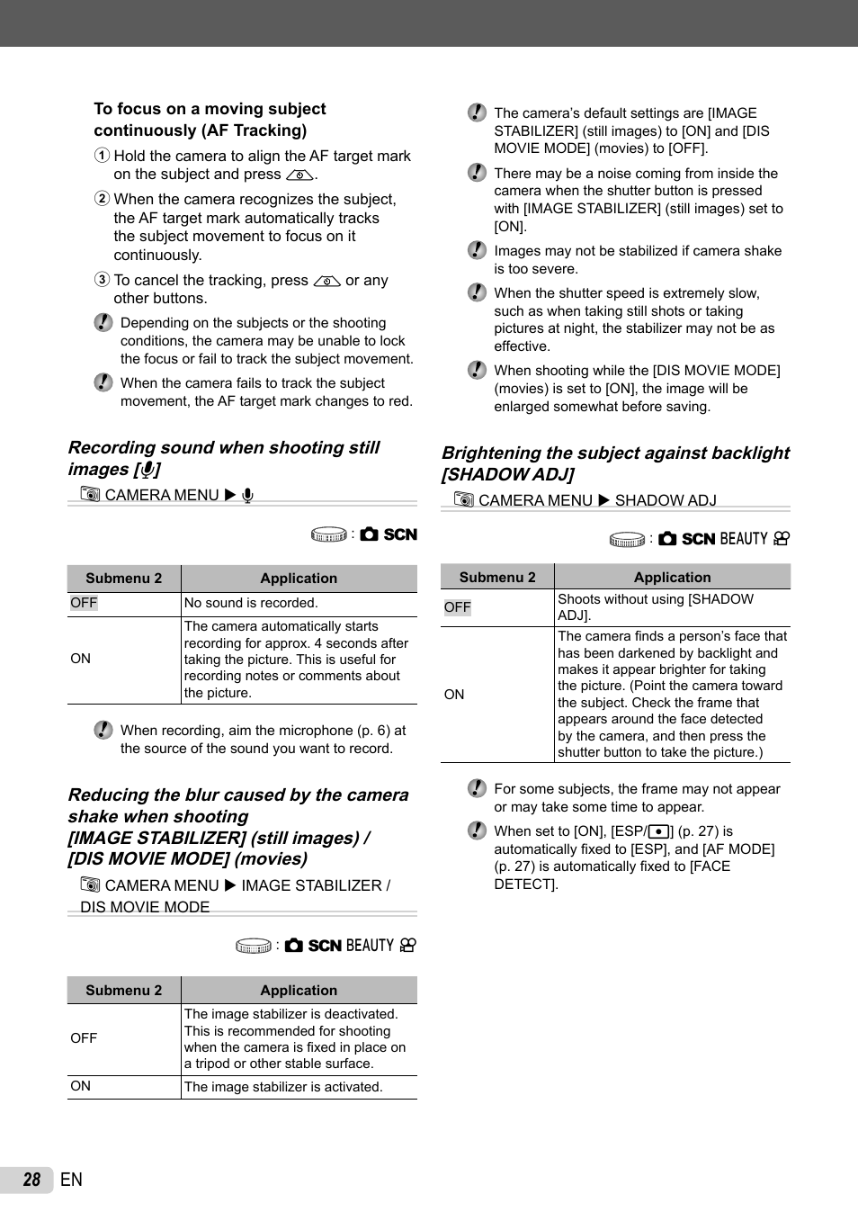 28 en, Recording sound when shooting still images [ r ] b | Olympus STYLUS 7010 User Manual | Page 28 / 72