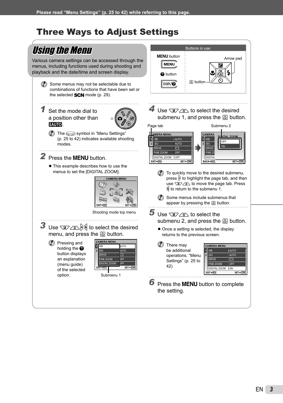 Using the menu, Three ways to adjust settings, Press the m button to complete the setting | Set the mode dial to a position other than a, Press the m button | Olympus STYLUS 7010 User Manual | Page 3 / 72