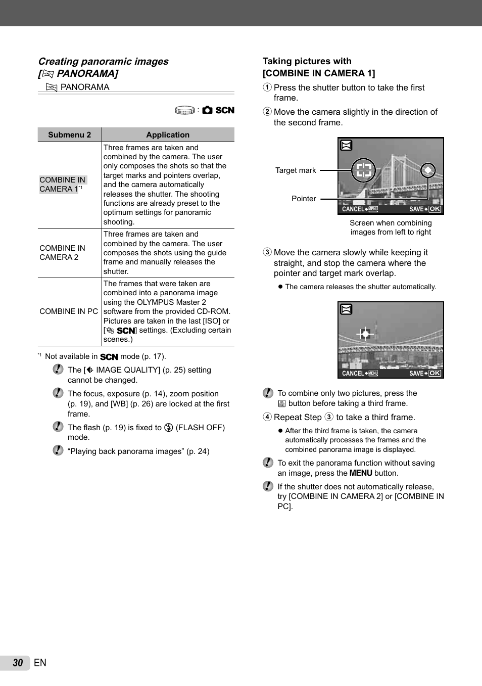 30 en, Creating panoramic images [ g panorama] g | Olympus STYLUS 7010 User Manual | Page 30 / 72
