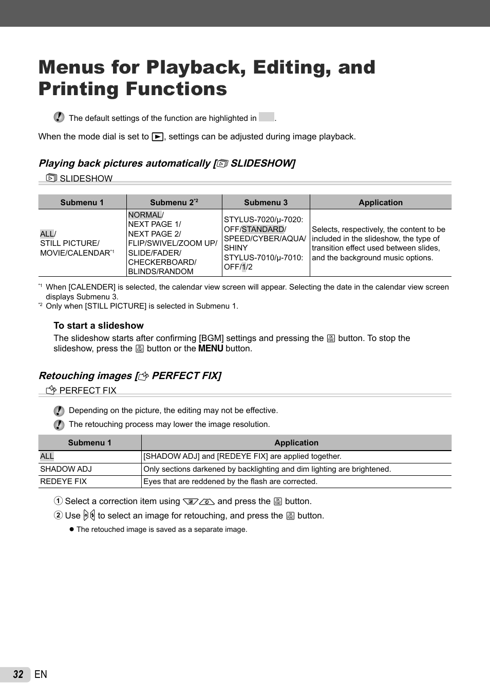 32 en, Retouching images [ h perfect fix] h | Olympus STYLUS 7010 User Manual | Page 32 / 72