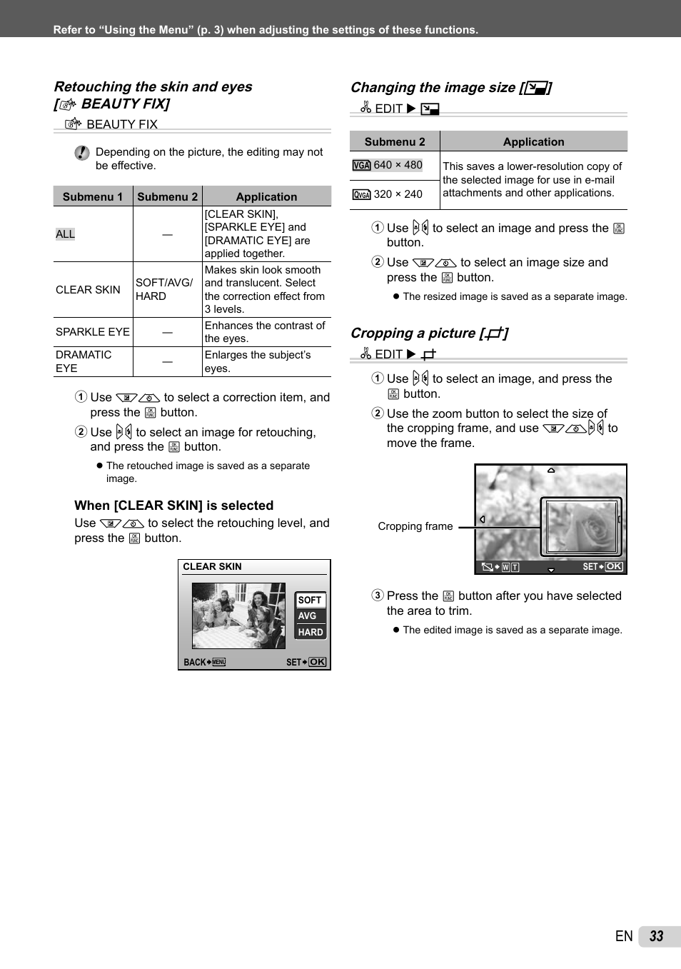 33 en, Retouching the skin and eyes [ f beauty fix] f, Changing the image size [ q ] i | Cropping a picture [ p ] i | Olympus STYLUS 7010 User Manual | Page 33 / 72