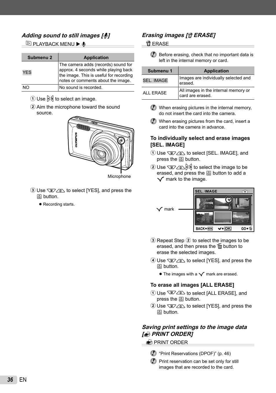 36 en, Adding sound to still images [ r ] j, Erasing images [ k erase] k | Olympus STYLUS 7010 User Manual | Page 36 / 72