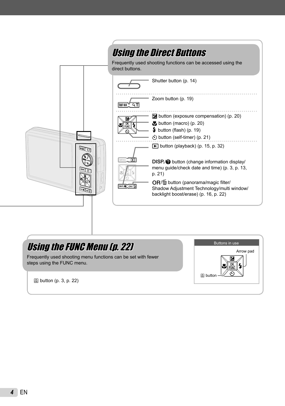 Using the func menu (p. 22), Using the direct buttons | Olympus STYLUS 7010 User Manual | Page 4 / 72