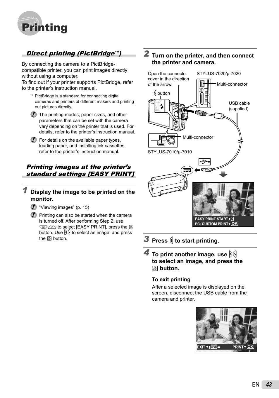 Printing, 43 en, Direct printing (pictbridge | Olympus STYLUS 7010 User Manual | Page 43 / 72