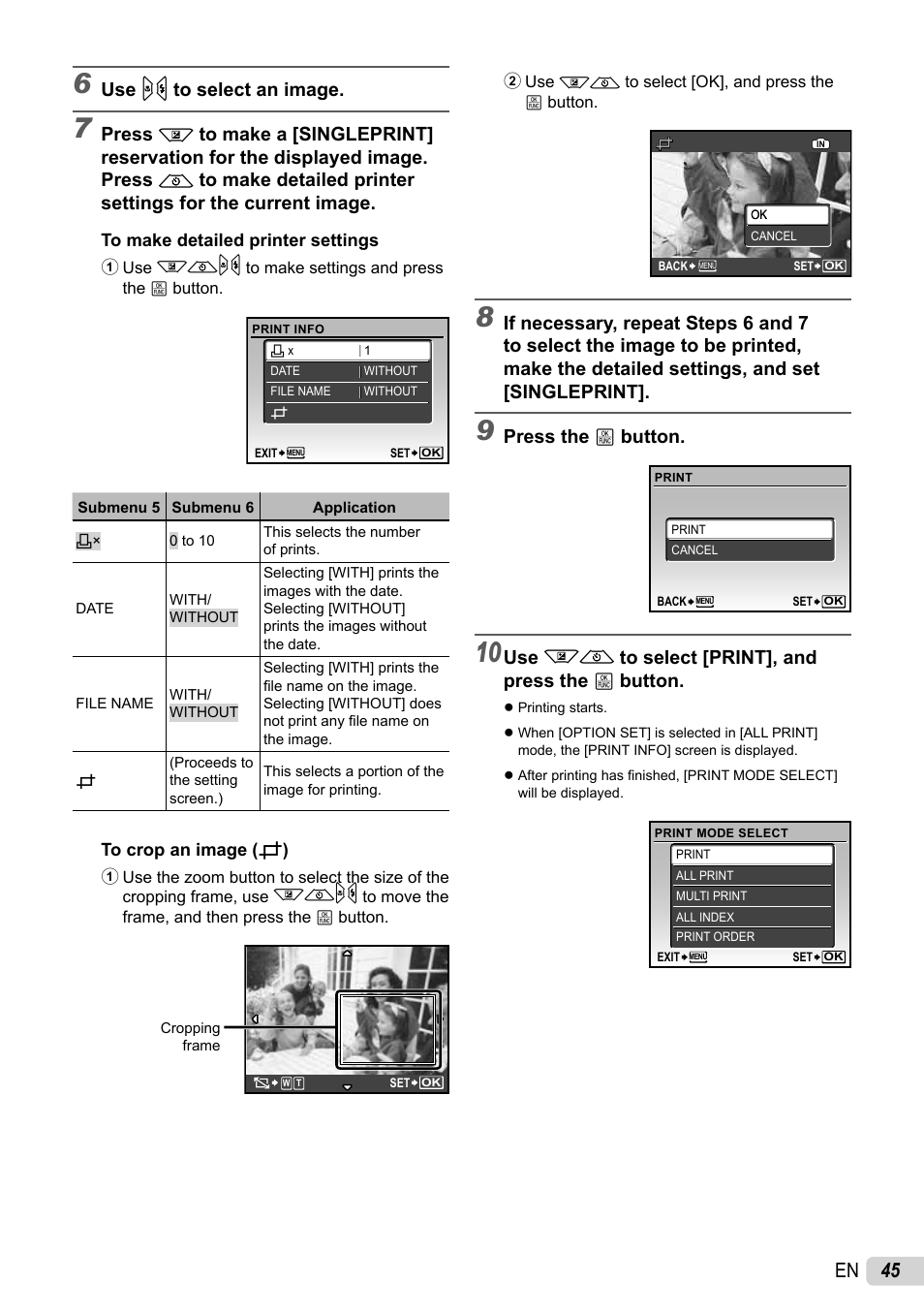 45 en, Use mn to select an image, Press the e button | Use kl to select [print], and press the e button | Olympus STYLUS 7010 User Manual | Page 45 / 72