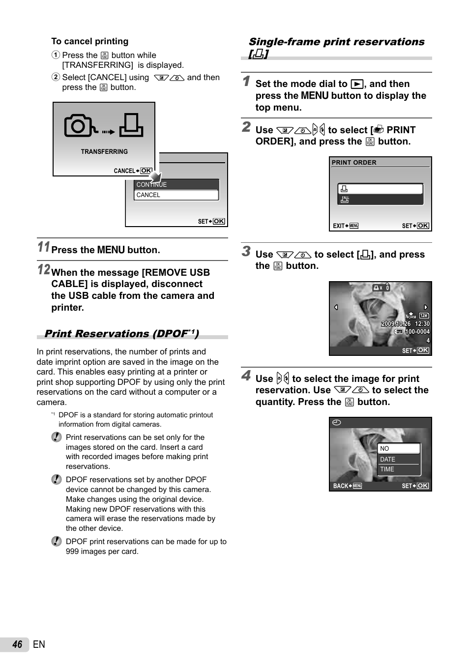 46 en, Print reservations (dpof, Single-frame print reservations | Olympus STYLUS 7010 User Manual | Page 46 / 72