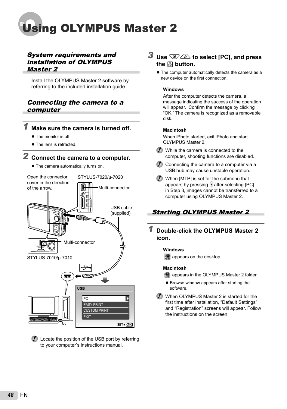 Using olympus master 2, 48 en, Starting olympus master 2 | Connecting the camera to a computer | Olympus STYLUS 7010 User Manual | Page 48 / 72