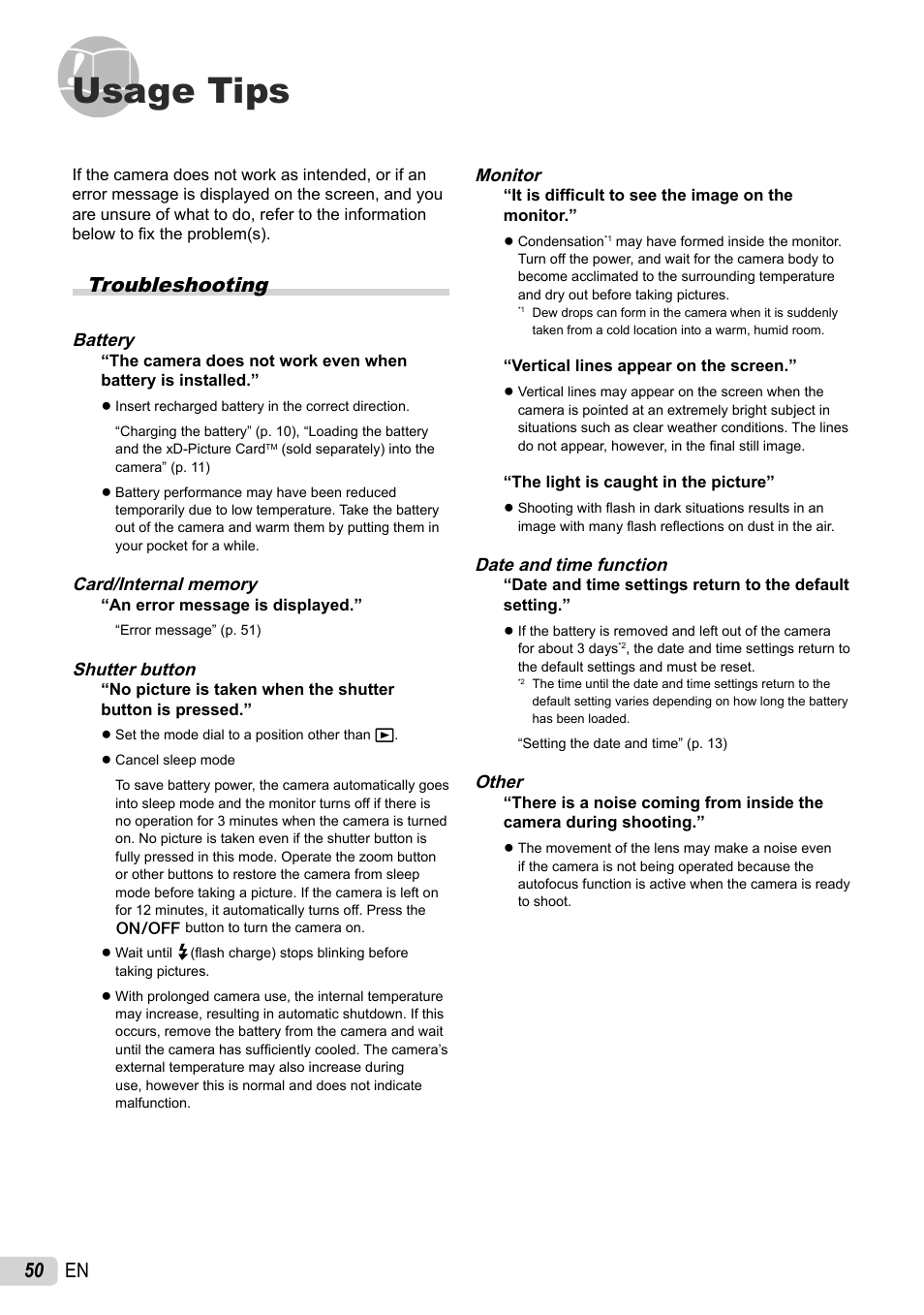 Usage tips, 50 en, Troubleshooting | Olympus STYLUS 7010 User Manual | Page 50 / 72