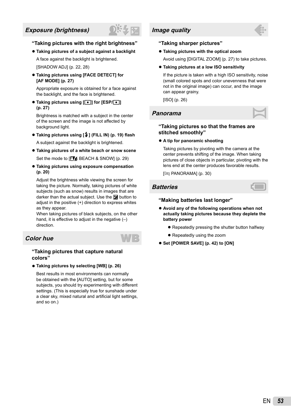 53 en, Exposure (brightness), Color hue | Image quality, Panorama, Batteries | Olympus STYLUS 7010 User Manual | Page 53 / 72