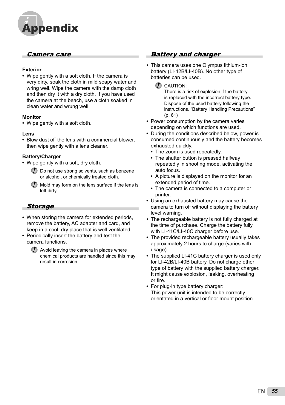 Appendix, 55 en, Battery and charger | Camera care, Storage | Olympus STYLUS 7010 User Manual | Page 55 / 72