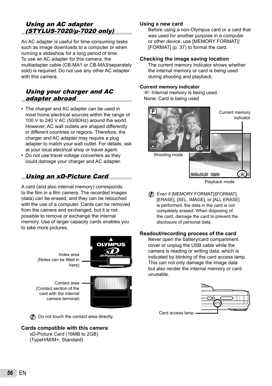 Using your charger and ac adapter abroad, Using an xd-picture card | Olympus STYLUS 7010 User Manual | Page 56 / 72