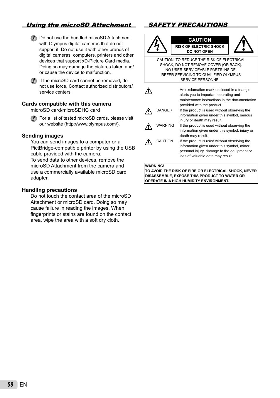 58 en using the microsd attachment, Safety precautions | Olympus STYLUS 7010 User Manual | Page 58 / 72