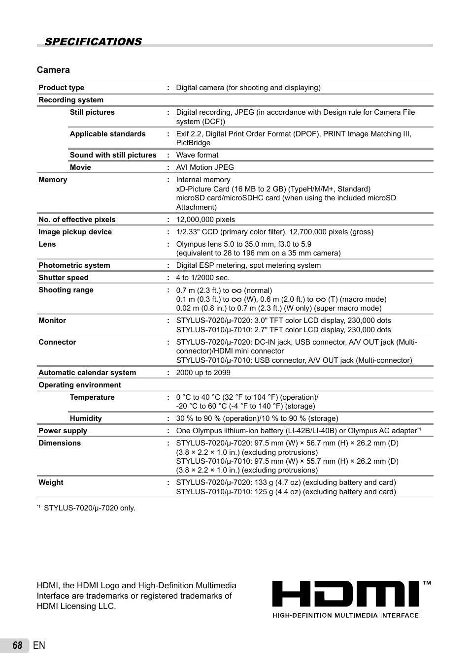 68 en specifications | Olympus STYLUS 7010 User Manual | Page 68 / 72