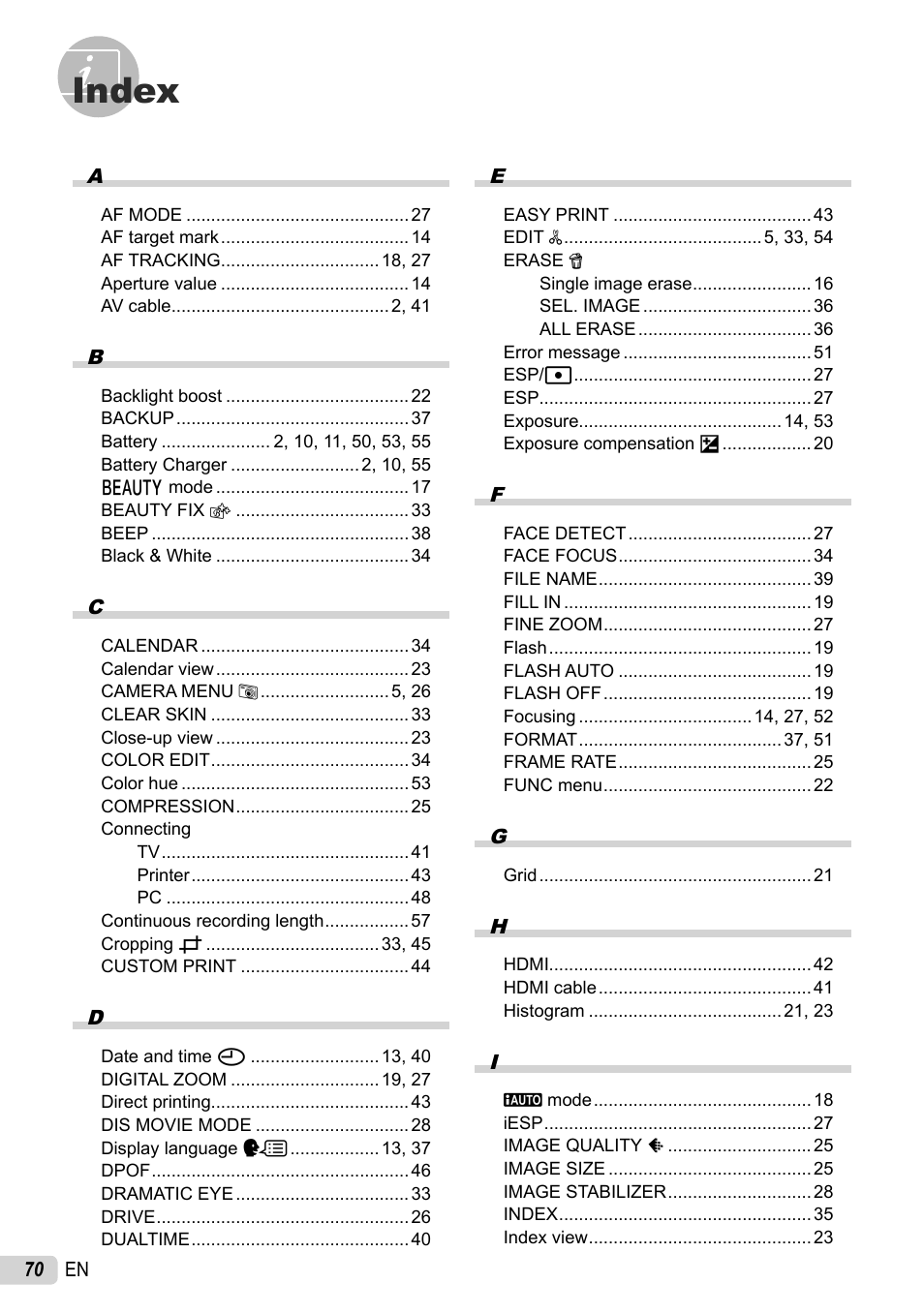 Index | Olympus STYLUS 7010 User Manual | Page 70 / 72