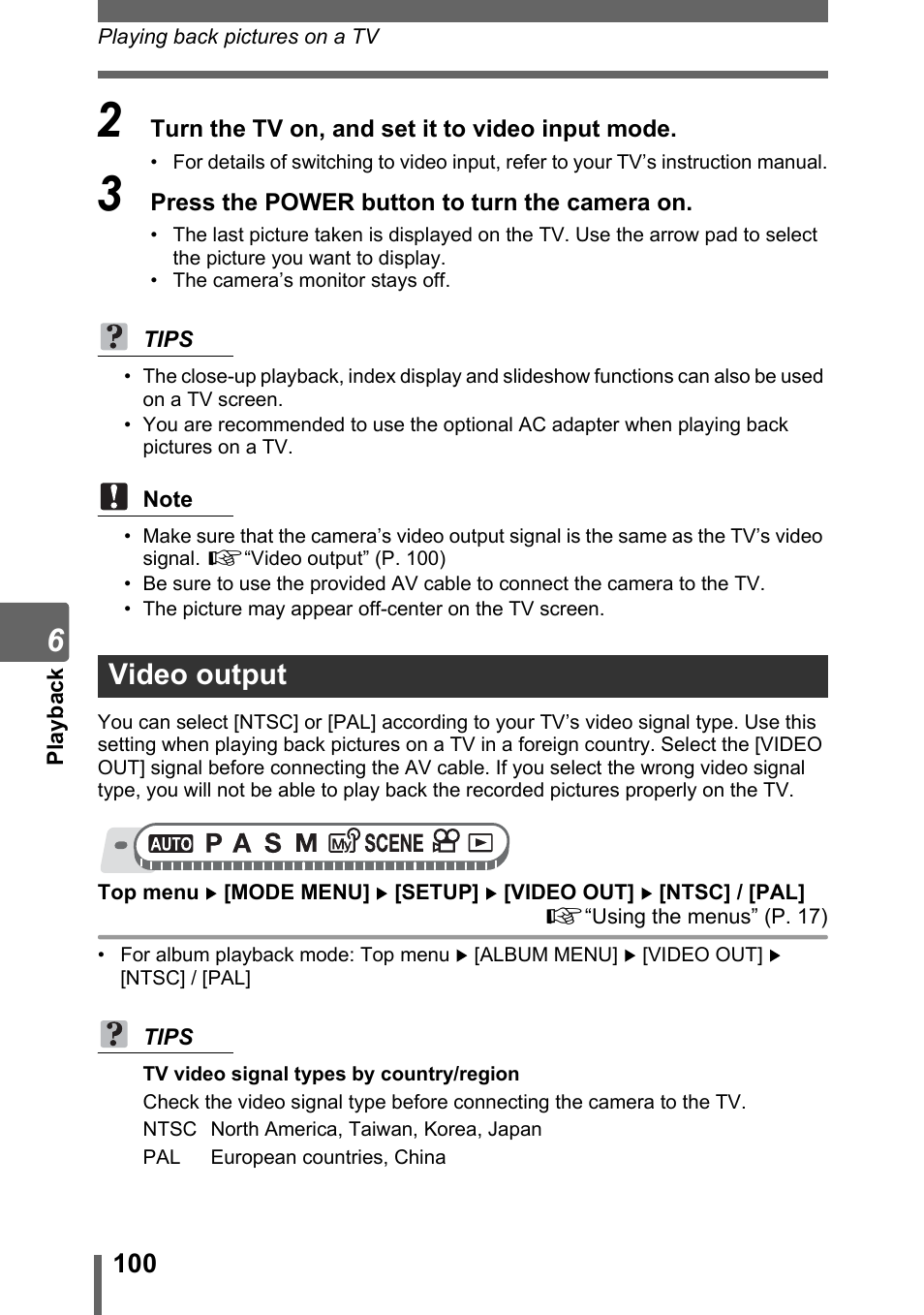 Video output, P. 100 | Olympus SP-320 User Manual | Page 100 / 191