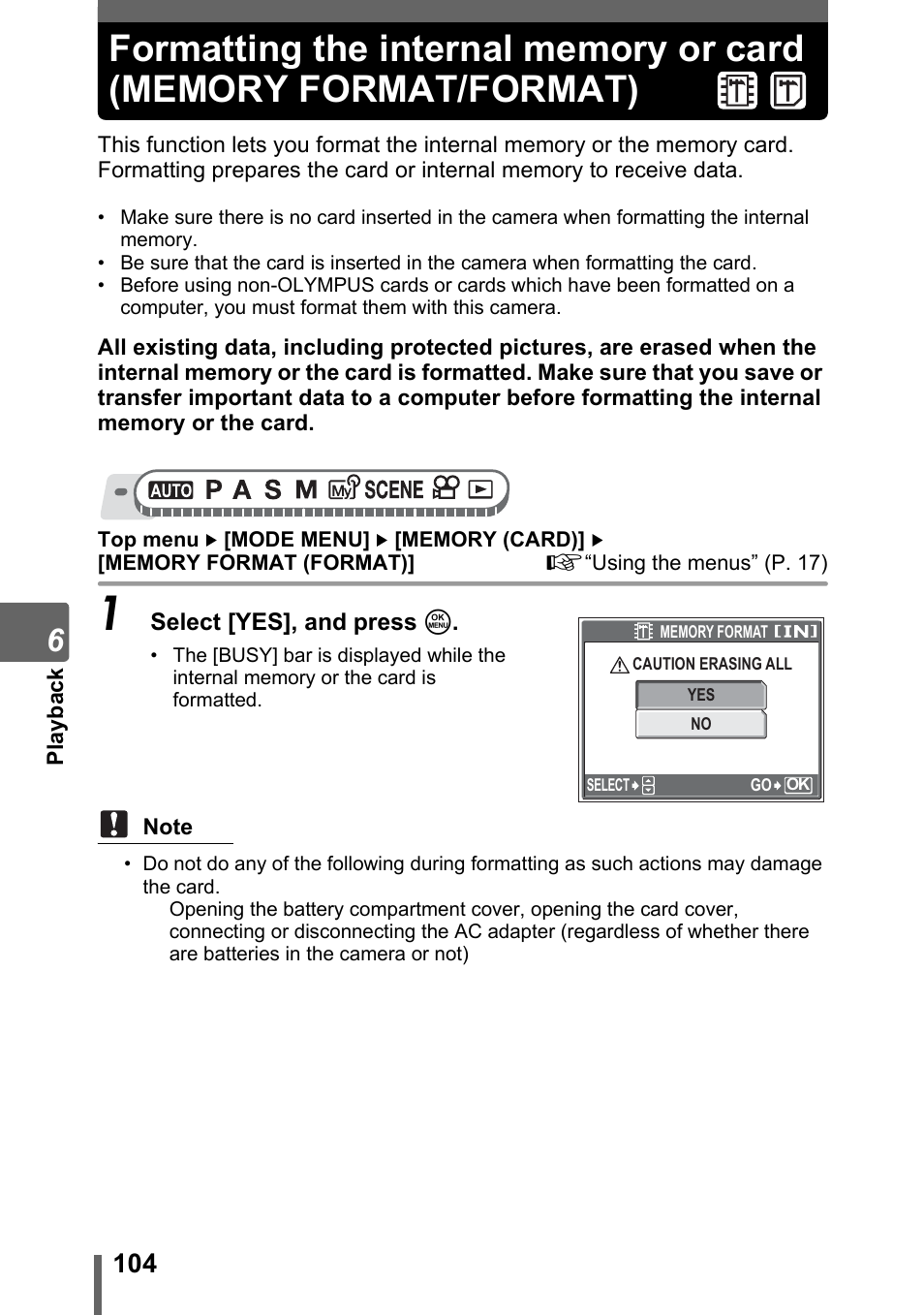 Formatting the internal memory or card, Memory format/format) | Olympus SP-320 User Manual | Page 104 / 191