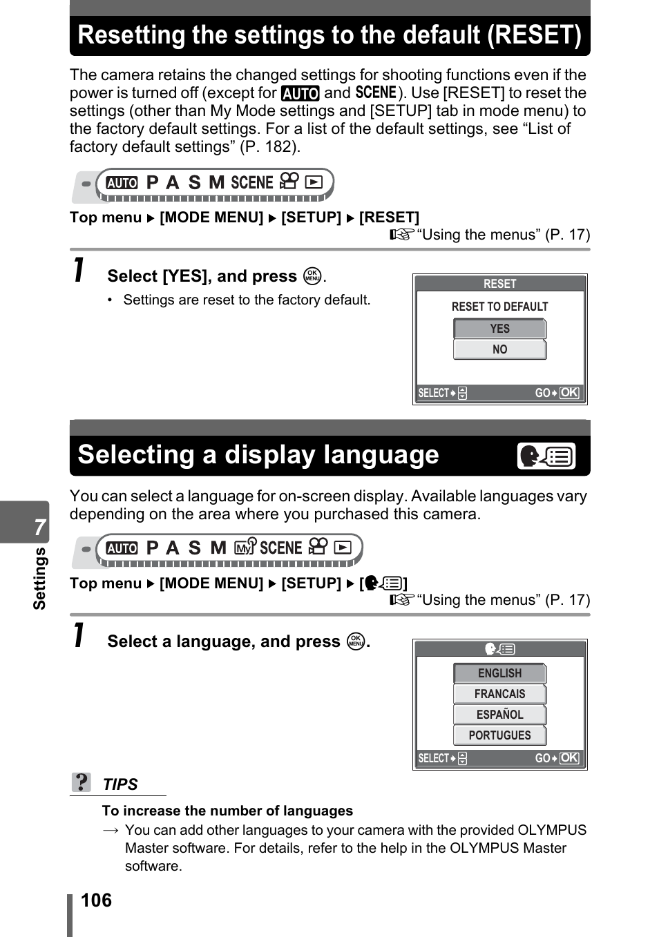 Resetting the settings to the default (reset), Selecting a display language, Resetting the settings to the default | Reset)” (p. 106) | Olympus SP-320 User Manual | Page 106 / 191