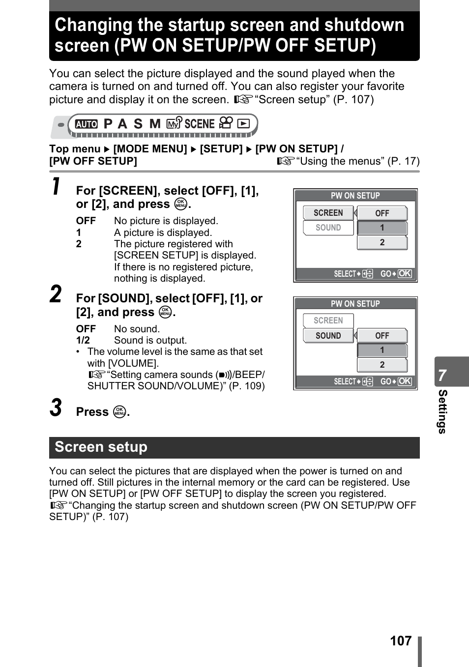 Screen setup, Changing the startup screen and shutdown screen, Pw on setup/pw off setup) | Olympus SP-320 User Manual | Page 107 / 191