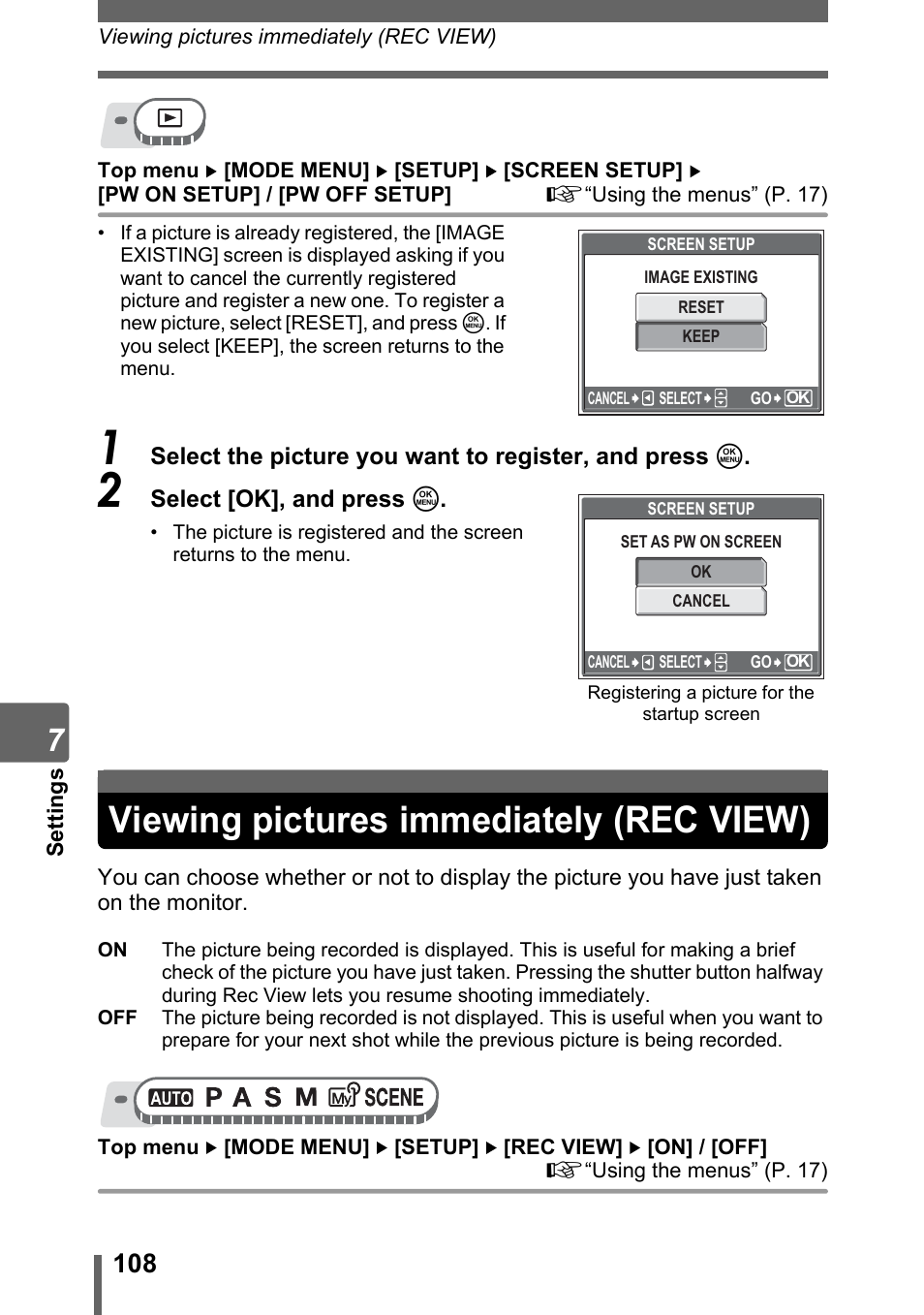 Viewing pictures immediately (rec view) | Olympus SP-320 User Manual | Page 108 / 191