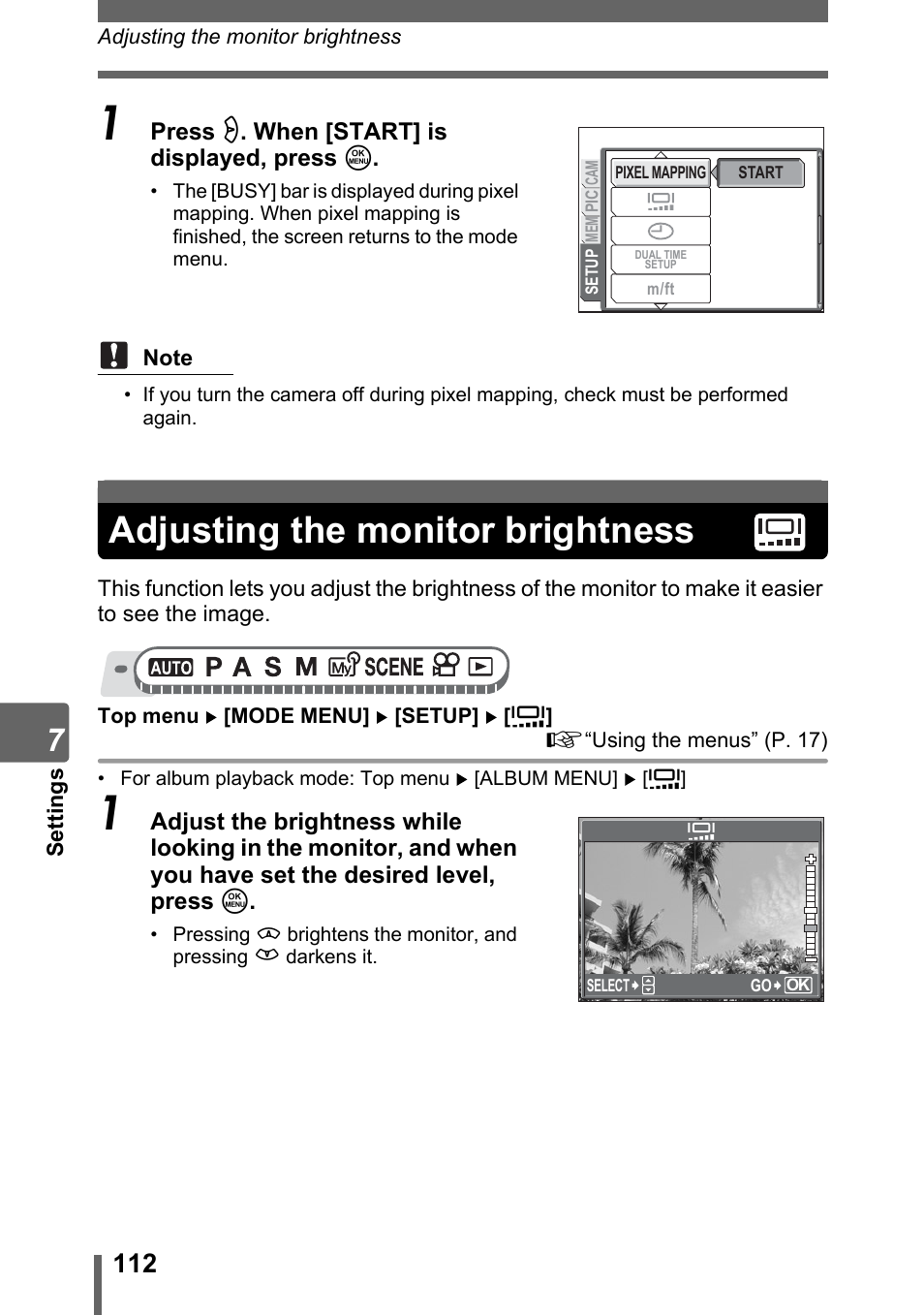 Adjusting the monitor brightness, P. 112 | Olympus SP-320 User Manual | Page 112 / 191
