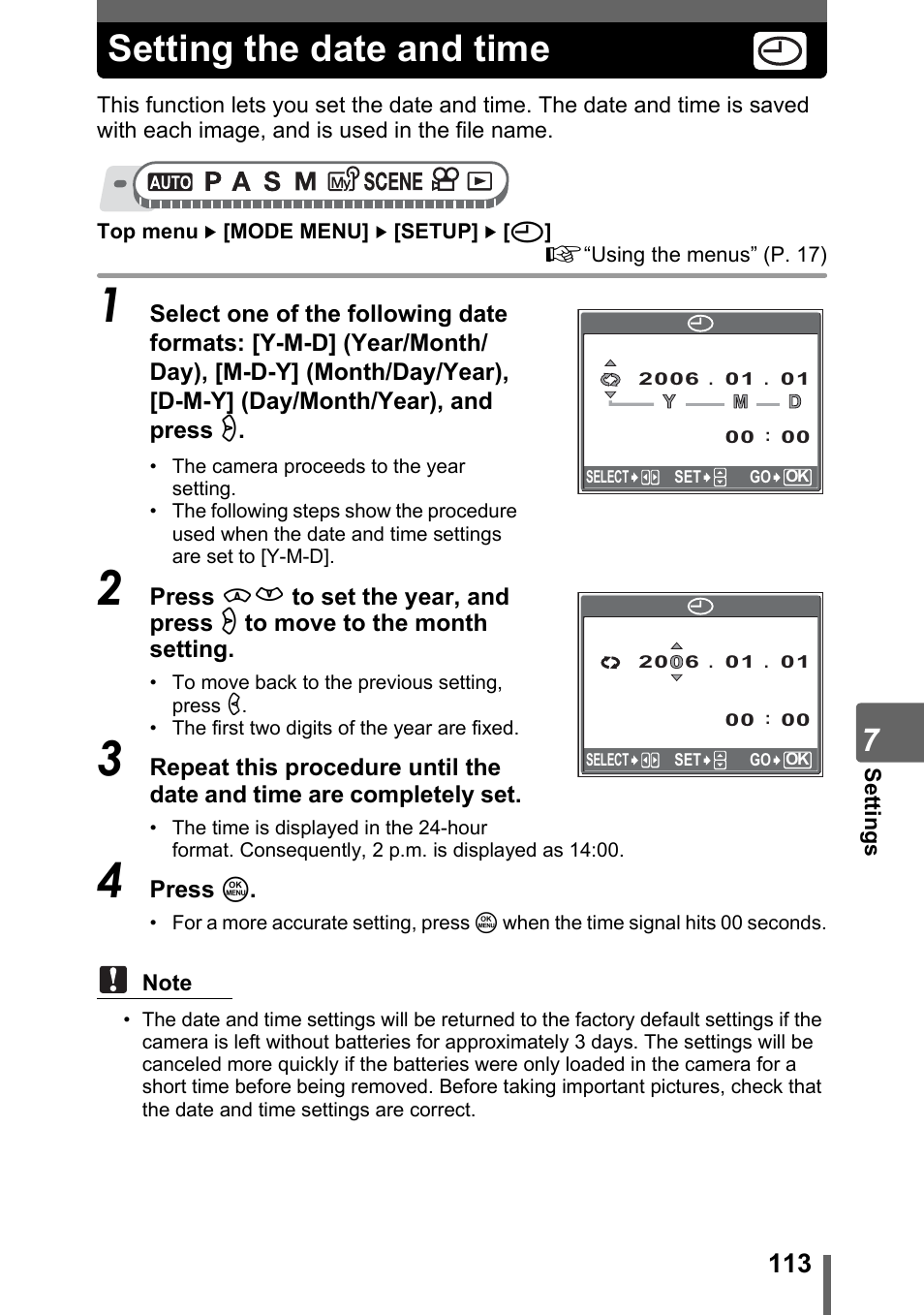 Setting the date and time | Olympus SP-320 User Manual | Page 113 / 191