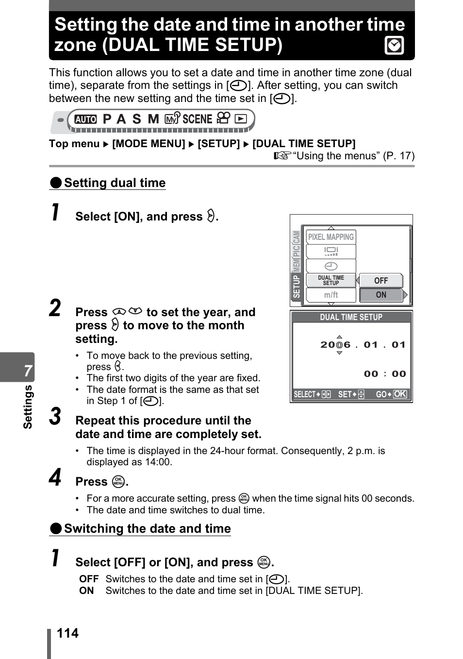 Setting the date and time in another time zone, Dual time setup) | Olympus SP-320 User Manual | Page 114 / 191
