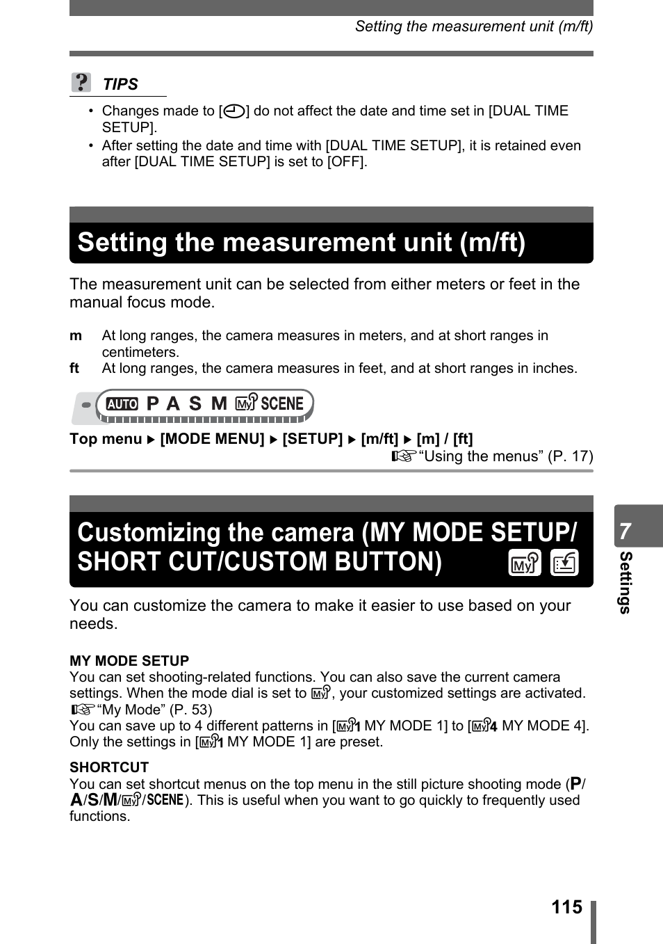 Setting the measurement unit (m/ft), Custom button), Button)” (p. 115) | Olympus SP-320 User Manual | Page 115 / 191