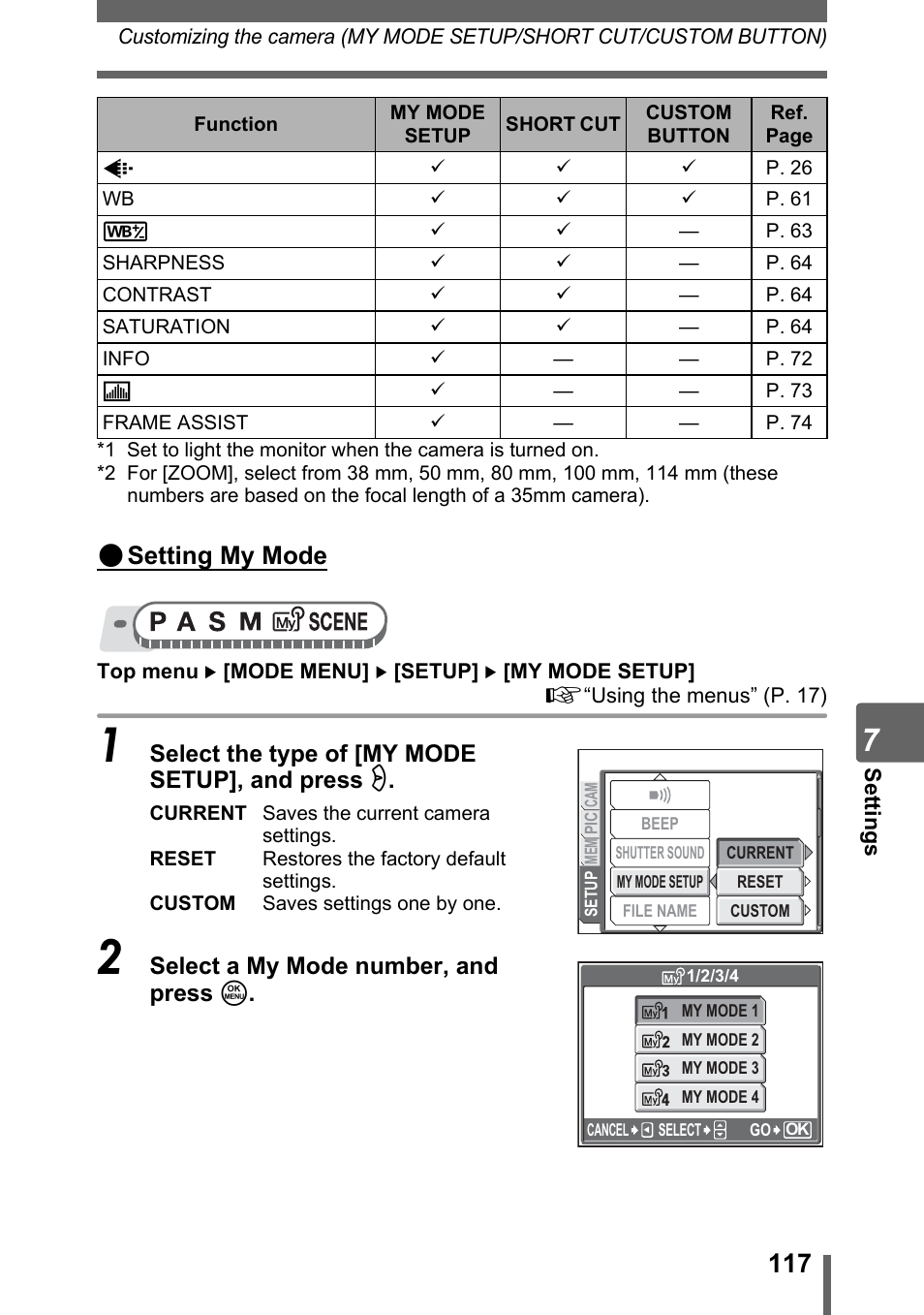 Setting my mode, Select the type of [my mode setup], and press q, Select a my mode number, and press z | Olympus SP-320 User Manual | Page 117 / 191