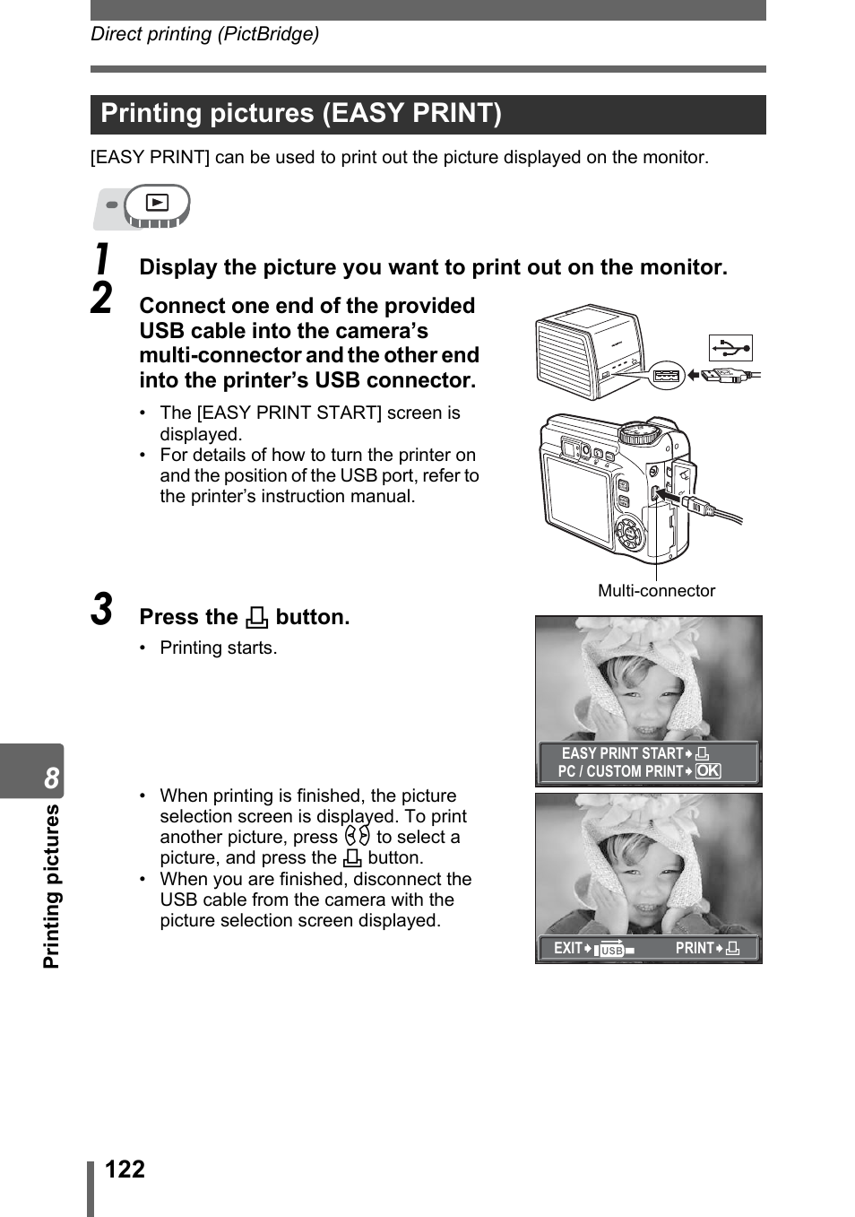 Printing pictures (easy print), P. 122, Printing pictures (easy print)” (p. 122) | Olympus SP-320 User Manual | Page 122 / 191