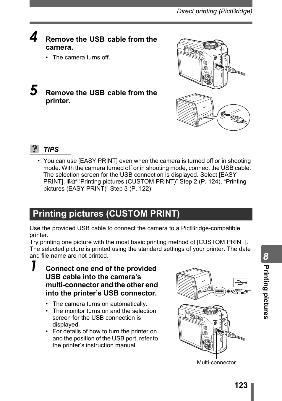 Printing pictures (custom print), Printing pictures (custom print)” (p. 123) | Olympus SP-320 User Manual | Page 123 / 191