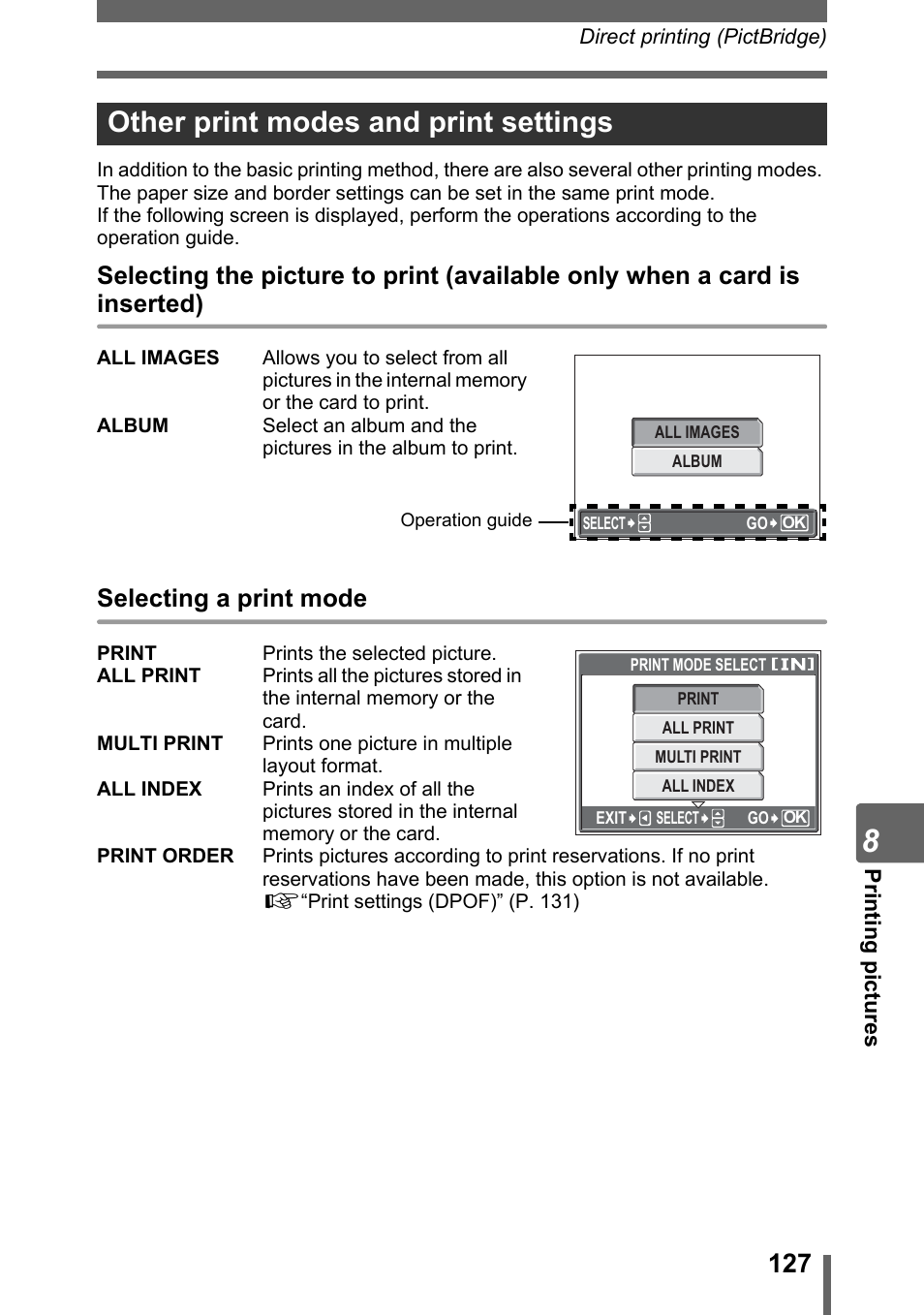 Other print modes and print settings, Selecting a print mode | Olympus SP-320 User Manual | Page 127 / 191