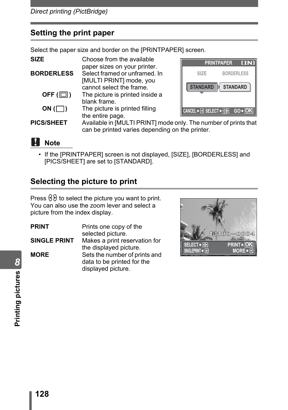 Setting the print paper, Selecting the picture to print | Olympus SP-320 User Manual | Page 128 / 191