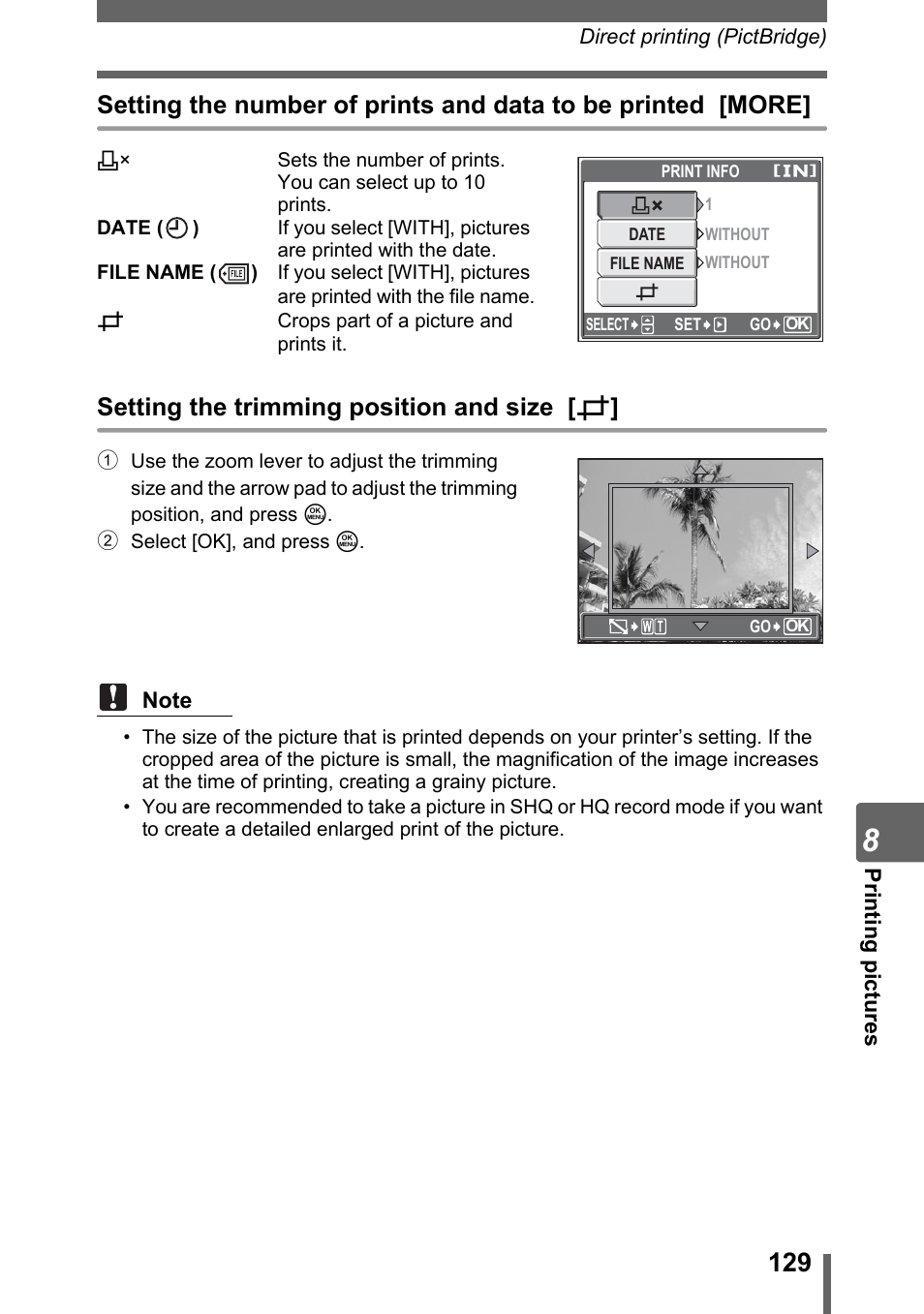 Setting the trimming position and size [ p | Olympus SP-320 User Manual | Page 129 / 191