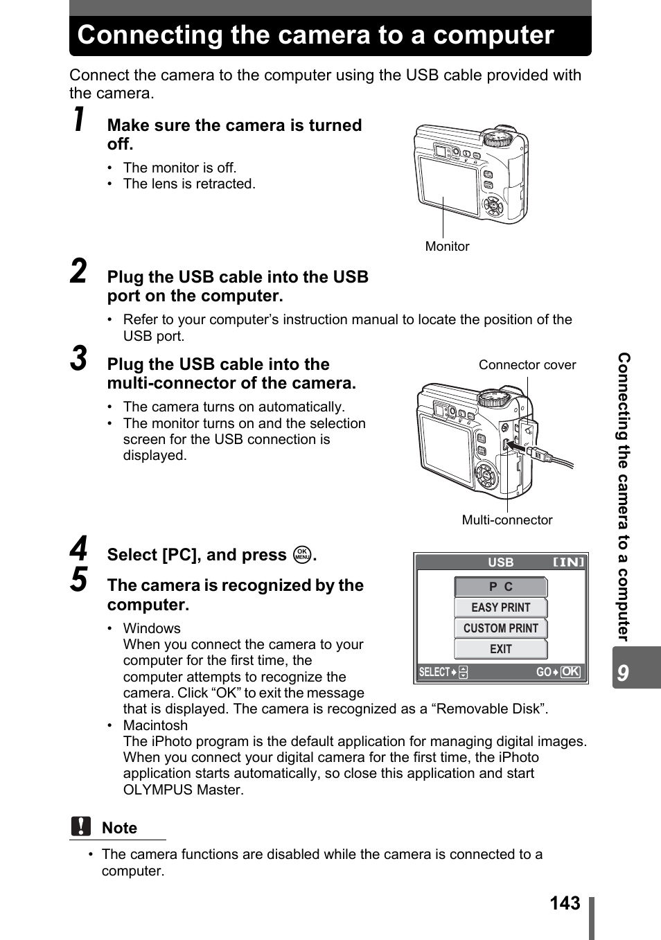 Connecting the camera to a computer, P. 143 | Olympus SP-320 User Manual | Page 143 / 191