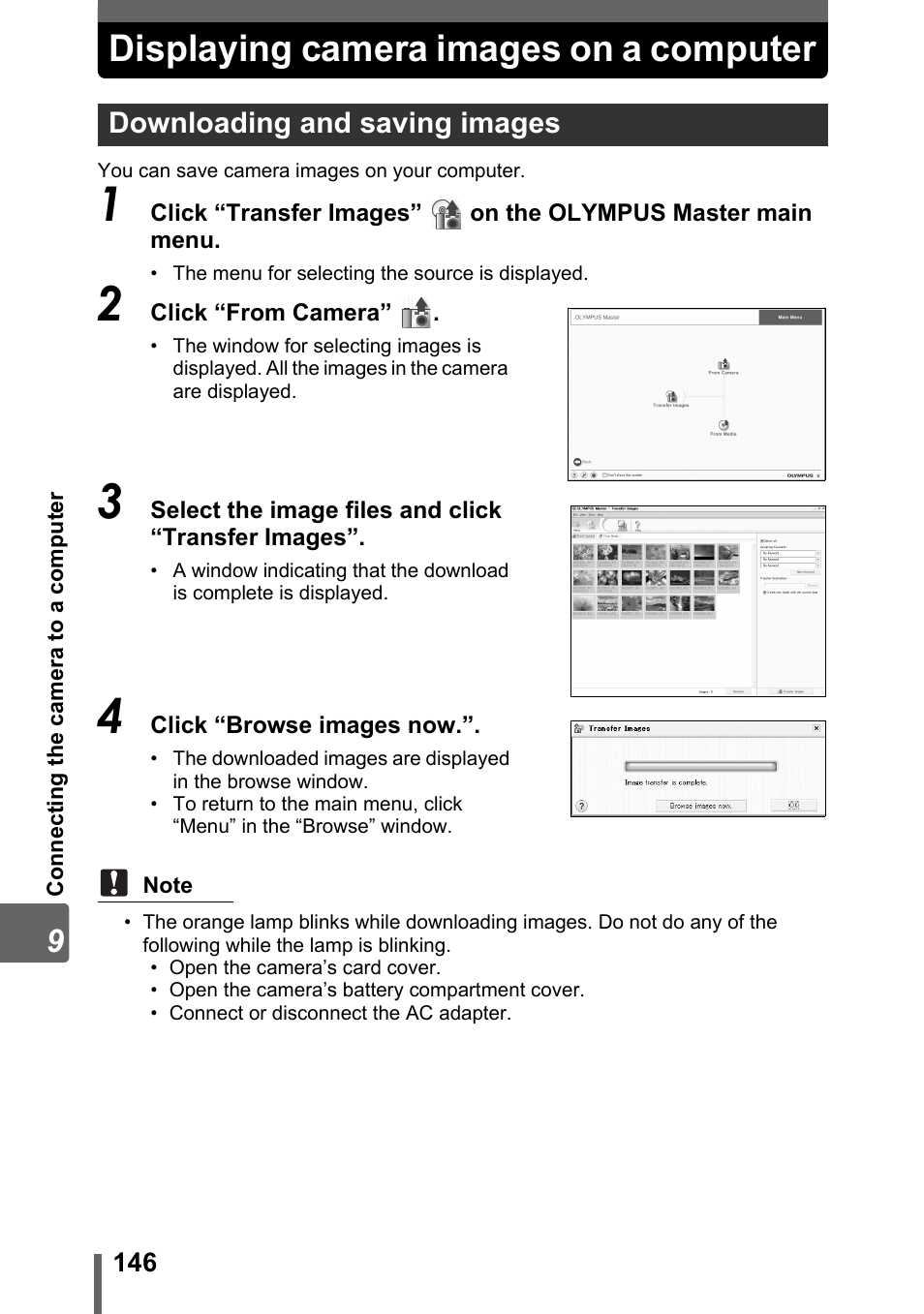 Displaying camera images on a computer, Downloading and saving images, P. 146 | Olympus SP-320 User Manual | Page 146 / 191