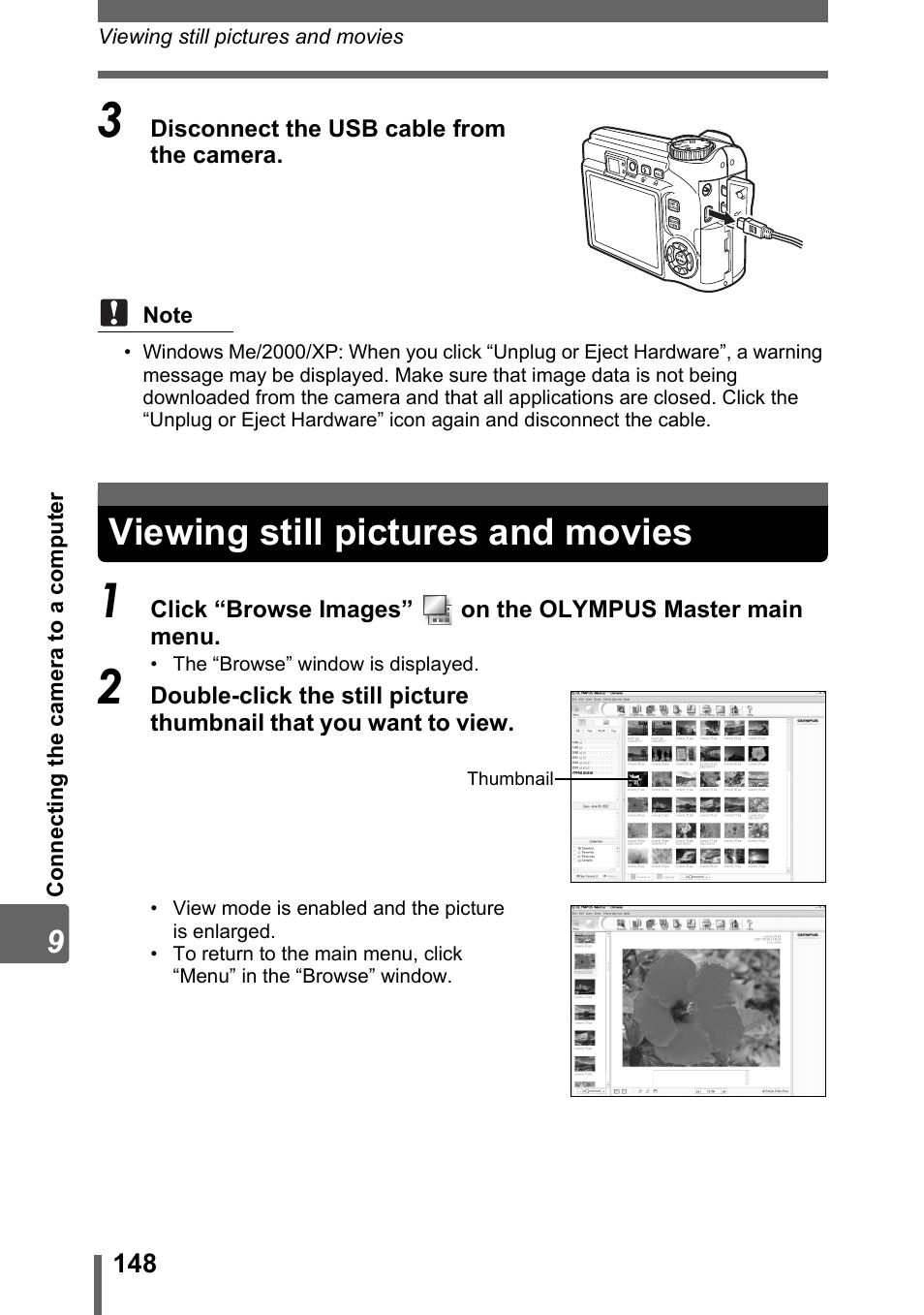 Viewing still pictures and movies | Olympus SP-320 User Manual | Page 148 / 191