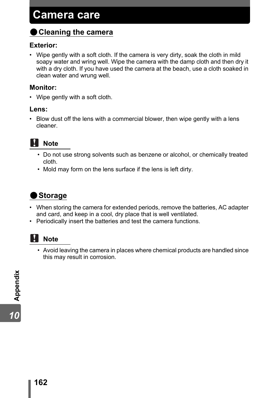 Camera care, P. 162 | Olympus SP-320 User Manual | Page 162 / 191